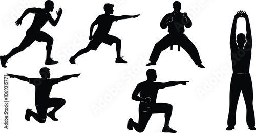 Silhouette vector art of six male figures performing various martial arts and fitness poses including punching stretching and lunging in dynamic body movements and strong posture on white background