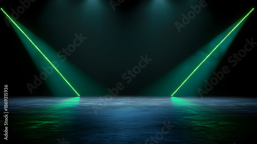 Green stage lights create dramatic atmosphere in dark setting, perfect for performances
