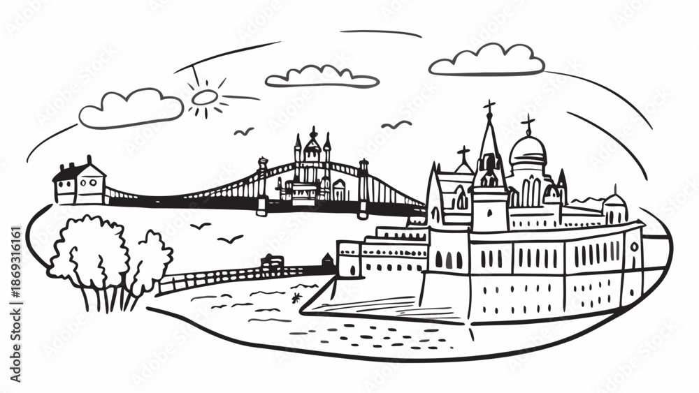Fototapeta premium Very beautiful aerial sunrise panorama of Budapest, Hungary, capturing Buda Castle, Szechenyi Chain Bridge, Hungarian Parliament, and Matthias Church under a clear blue sky and soft morning light.