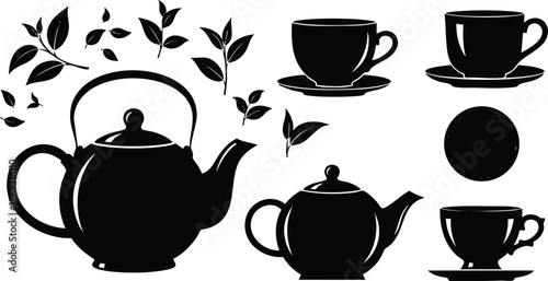 Black silhouette tea set with teapots cups saucers and decorative leaves isolated on white background vintage style vector art collection with varied shapes and details