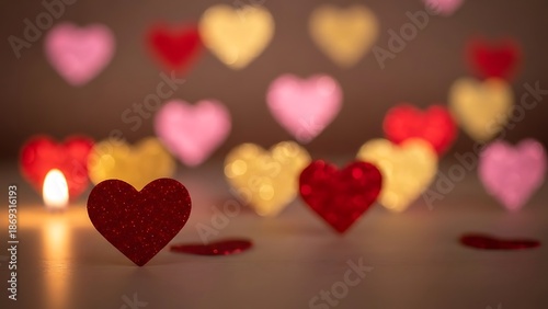 Romantic Valentine's Day scene with heart decorations and candlelight