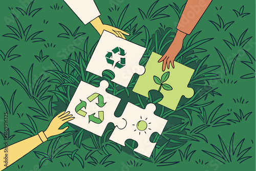  Aerial view, hands connecting puzzle pieces, green grass background, recycling symbols, environmental concept, teamwork, sustainability, close-up, high contrast, vibrant colors, eco-friendly, jigsa