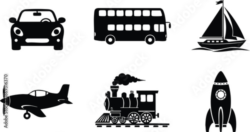 Minimalist black silhouettes of car bus sailboat airplane steam train and rocket icons isolated on white background