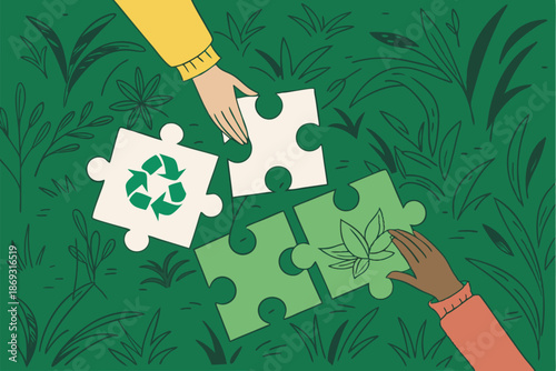  Aerial view, hands connecting puzzle pieces, green grass background, recycling symbols, environmental concept, teamwork, sustainability, close-up, high contrast, vibrant colors, eco-friendly, jigsa