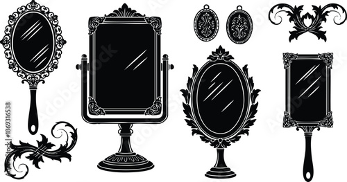 Black silhouette ornate vintage hand mirrors and decorative elements set with oval and rectangular shapes elegant classic style isolated on white background vector design