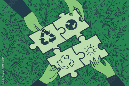  Aerial view, hands connecting puzzle pieces, green grass background, recycling symbols, environmental concept, teamwork, sustainability, close-up, high contrast, vibrant colors, eco-friendly, jigsa