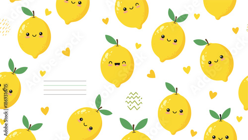 Adorable kawaii lemon seamless pattern background with cute smiling faces, yellow hearts, and a blank space for custom text.