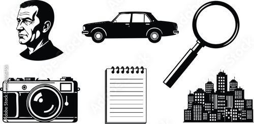 Vector art with black silhouette figures including thoughtful male head profile side view vintage camera retro car magnifying glass and city skyline cluster urban scene