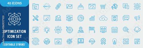 Optimization Line Icon Set. Performance, Efficiency, Improvement, Analytics, Process, Strategy, Settings and Productivity Icons. Editable Outline Stroke. Vector Illustration