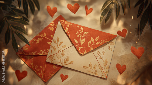 Love Letters: Two beautifully crafted envelopes adorned with intricate floral designs and paper hearts on a luminous surface, evoking feelings of affection and romance. 