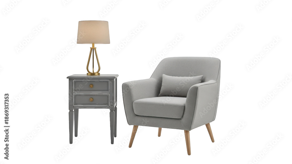 Fototapeta premium Gray Armchair and Nightstand with Gold Lamp isolated on a transparent background furniture