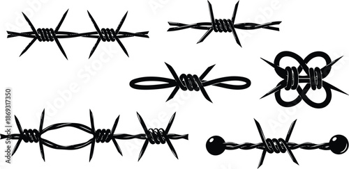 Black silhouette flat design barbed wire elements set including sharp points and twisted loops isolated on white background minimalist vector art collection