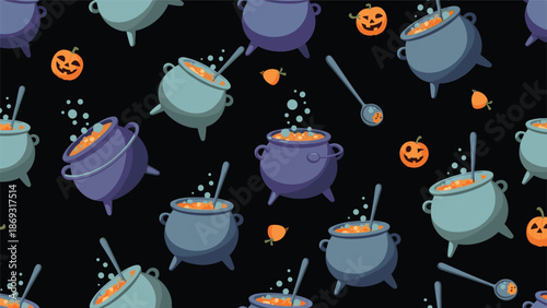 Spooky and fun seamless Halloween pattern with bubbling witch cauldrons, ladles, and smiling jack-o'-lanterns on a black background.