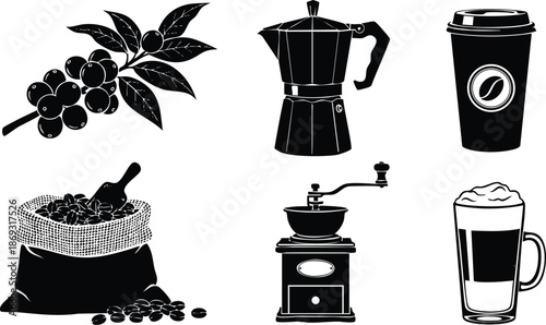 Black and white vector art showing coffee plant branch with berries coffee beans in burlap sack manual grinder vintage espresso maker take away cup and glass with foam on white background