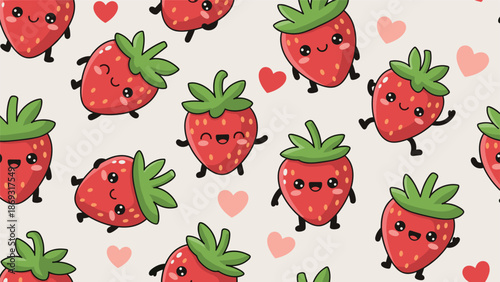 Seamless pattern of adorable kawaii strawberries with cute smiling faces, arms, legs, and pink hearts on a light background.