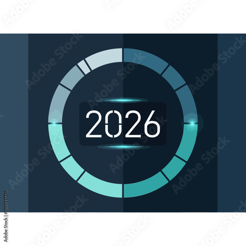 Modern digital display showing the year 2026 within a segmented circular progress bar on a dark background.