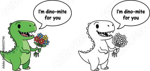 Cute Green Cartoon Dinosaur with Flowers and Im Dino mite For You Pun Adorable Love Illustration