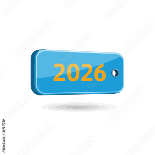 A glossy blue rectangular tag with the orange number 2026 and a hole on a white background.