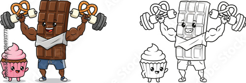 Muscular Cartoon Chocolate Bar Weightlifting for Cute Cupcake Funny Food Fitness Duo