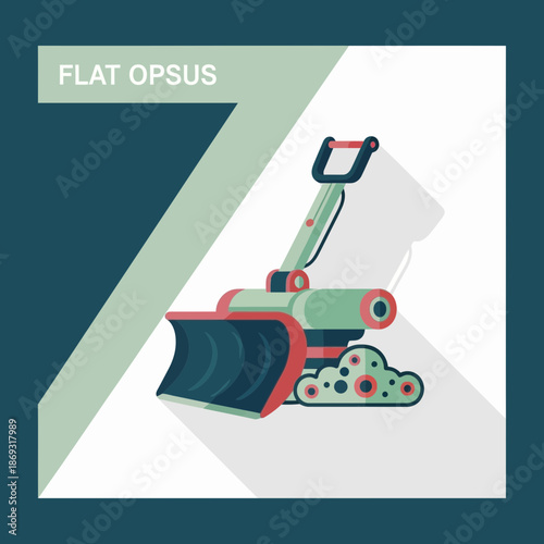 A flat design icon of a snow blower with long shadow.