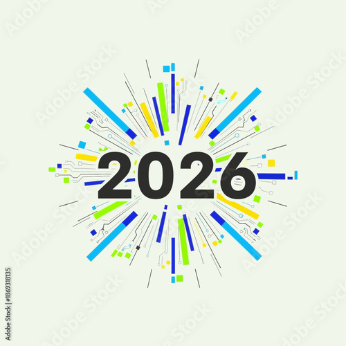 Vibrant digital starburst design with the year 2026 at its center, featuring colorful lines and abstract technological elements on a light background.
