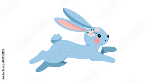 Adorable cartoon illustration of a cute blue bunny with a flower wreath on its head, happily hopping on a white background.
