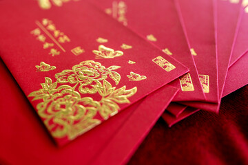 Red envelope, Red packet, Hong Bao hongbao for Giving, Angpao with gold Fu symbol, Symbolizing blessings, Luck, Prosperity, and Giving during Lunar New Year Celebration