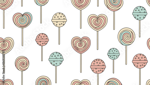 Sweet and simple seamless pattern with various lollipops in pastel colors, including heart-shaped and spiral designs on white.