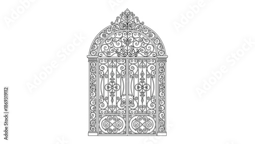 Highly detailed black and white illustration of a vintage, ornate wrought iron gate with intricate floral and scrollwork designs.
