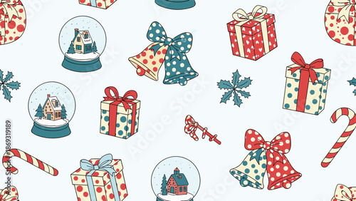 Charming vintage-style seamless Christmas pattern with hand-drawn gift boxes, jingle bells, snow globes, and candy canes.
