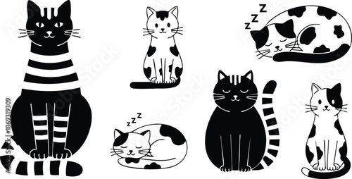 Black and white minimalist cat set sitting and sleeping with striped and spotted patterns in flat design style isolated on white background