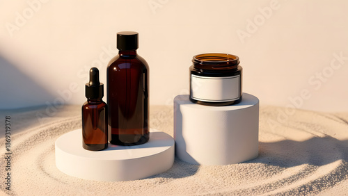 Cosmetic Skincare Products on a Minimalist Display with Sand