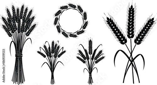 Black silhouette vector art of wheat stalks in bundles and wreath shapes isolated on white background representing agriculture and harvest concept