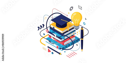 Education Concept Graduation Cap on Stack of Books with Light Bulb and Pen