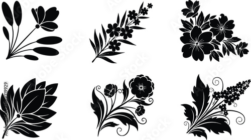 Elegant black floral silhouettes vector art set with detailed leaves swirls and flowers isolated on white background decorative botanical design elements for graphic projects