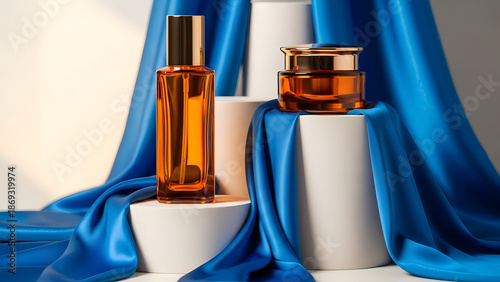Cosmetics Display with Elegant Blue Fabric and White Pedestals