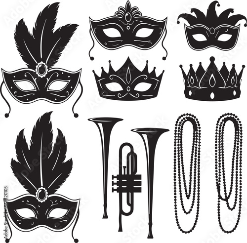 Collection of mardi gras masks crowns trumpets and beads in black silhouette