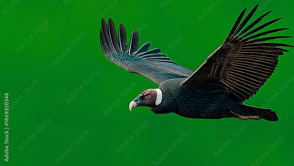 Fototapeta premium A large black bird soars through the clear green sky with outstretched wings.