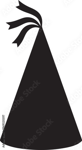 Black silhouette of a party hat with ribbons