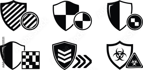 Monochrome vector icons of different shield designs with checker patterns arrows and biohazard signs for protection and security concepts in minimalist black style