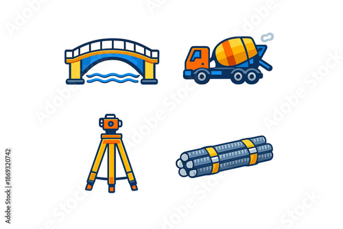Construction icons set with bridge, cement truck, surveyor's tripod, and rebar