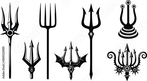 Black silhouette collection of seven unique tridents with various pointed tip designs including bat wings curves and circular bases isolated on white background detailed vector illustration