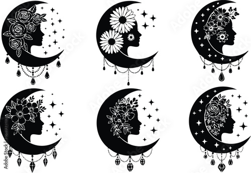 Elegant black and white vector art of six female moon profiles adorned with various intricate floral crowns and decorative hanging jewels with sparkling star accents