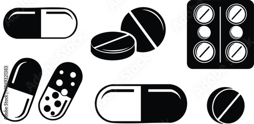 Minimalist black and white vector icons of various medicine pills and capsules in flat design showing different shapes and packing arrangements with clean lines and glossy highlights