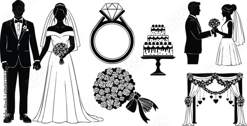 Black silhouette wedding couple holding hands bride with bouquet groom wearing suit vector illustration engagement ring cake arch decoration hearts floral design
