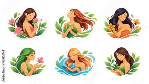 Colorful illustrations of six women with natural elements and flowers