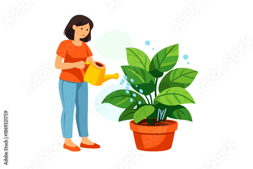 Woman watering a potted plant with a watering can