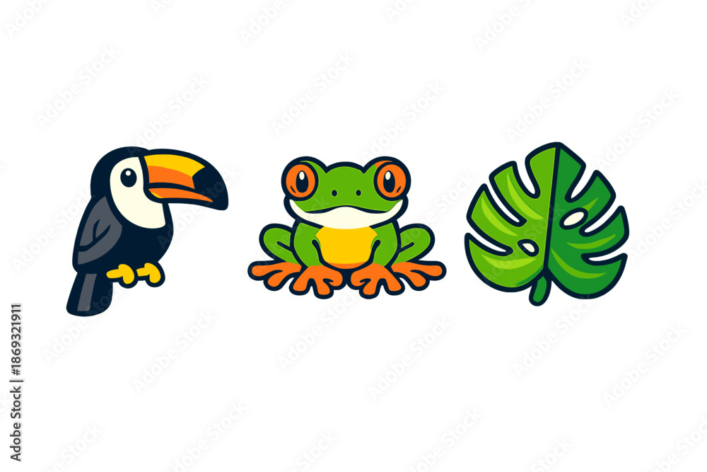 Fototapeta premium Cute Toucan, Frog, and Monstera Leaf Illustration
