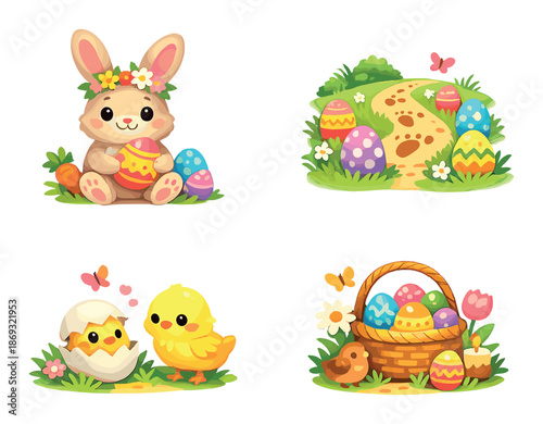 Colorful easter scenes with bunny, chicks, eggs, and basket