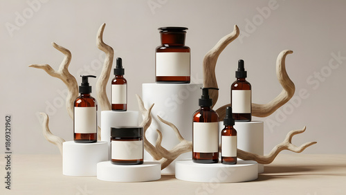 Cosmetic Product Display with Amber Glass Bottles and Natural Elements